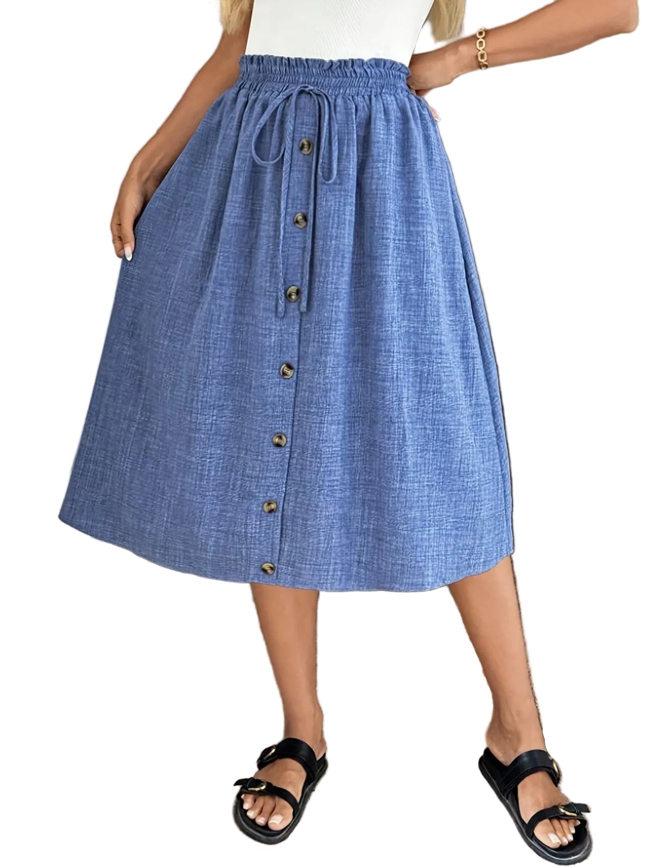 Women's Button-Front Midi Skirt with Drawstring