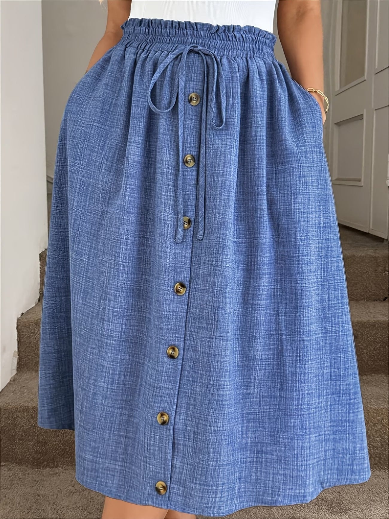 Women's Button-Front Midi Skirt with Drawstring