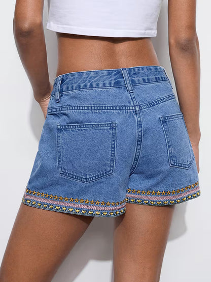 Women's Embroidered Shorts with Star Border Trim