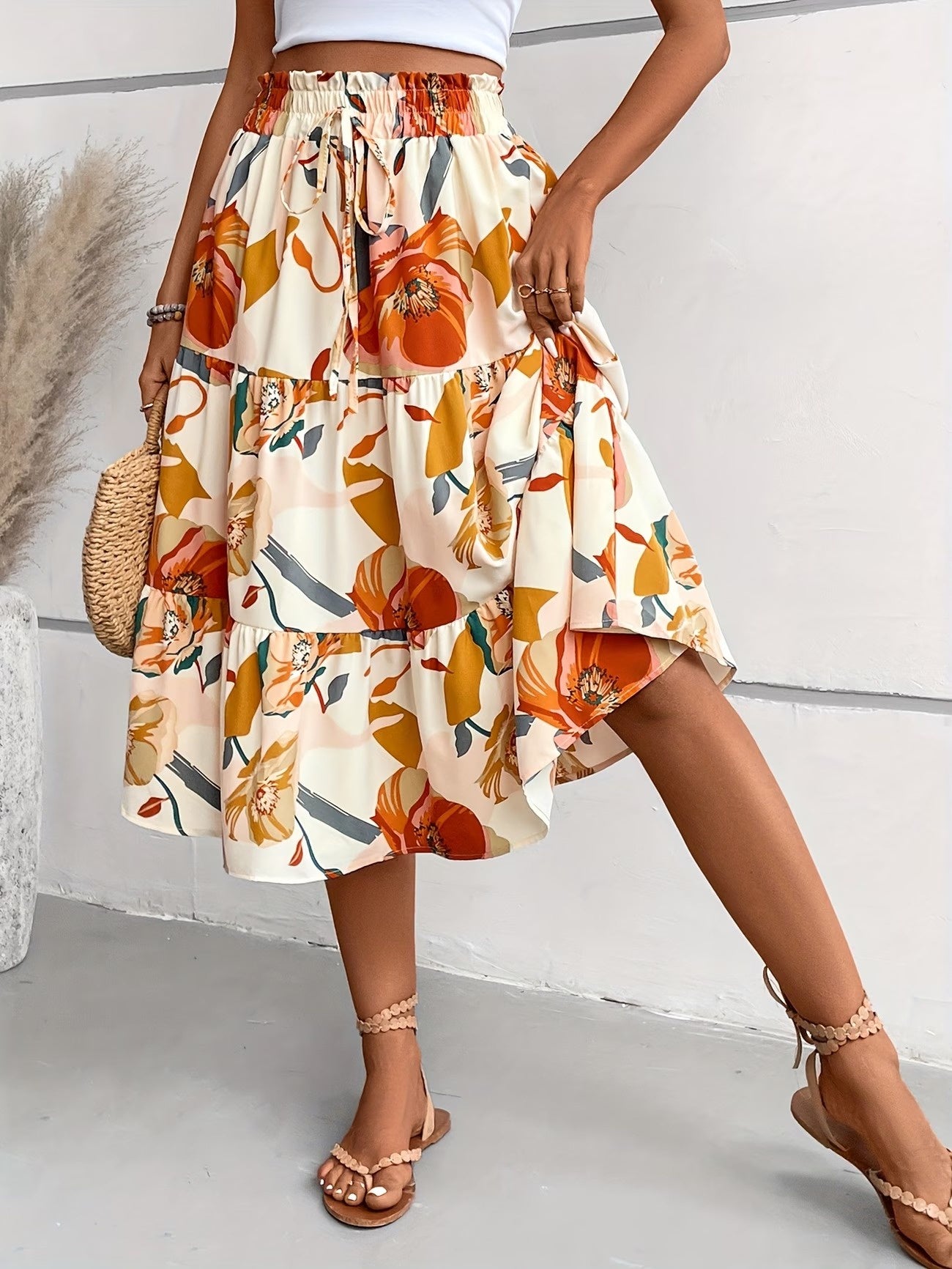 Women's Floral Tiered Midi Skirt