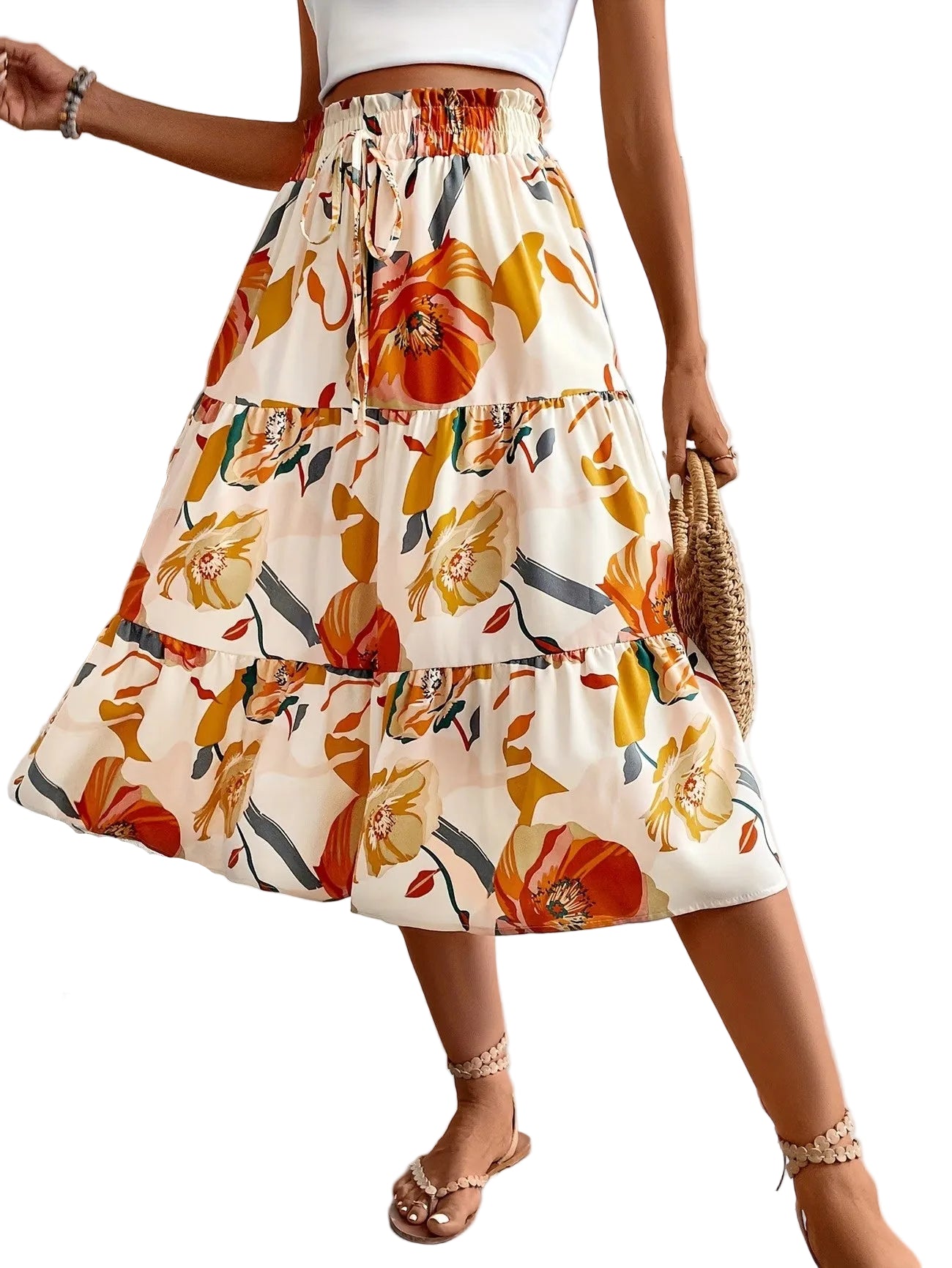 Women's Floral Tiered Midi Skirt