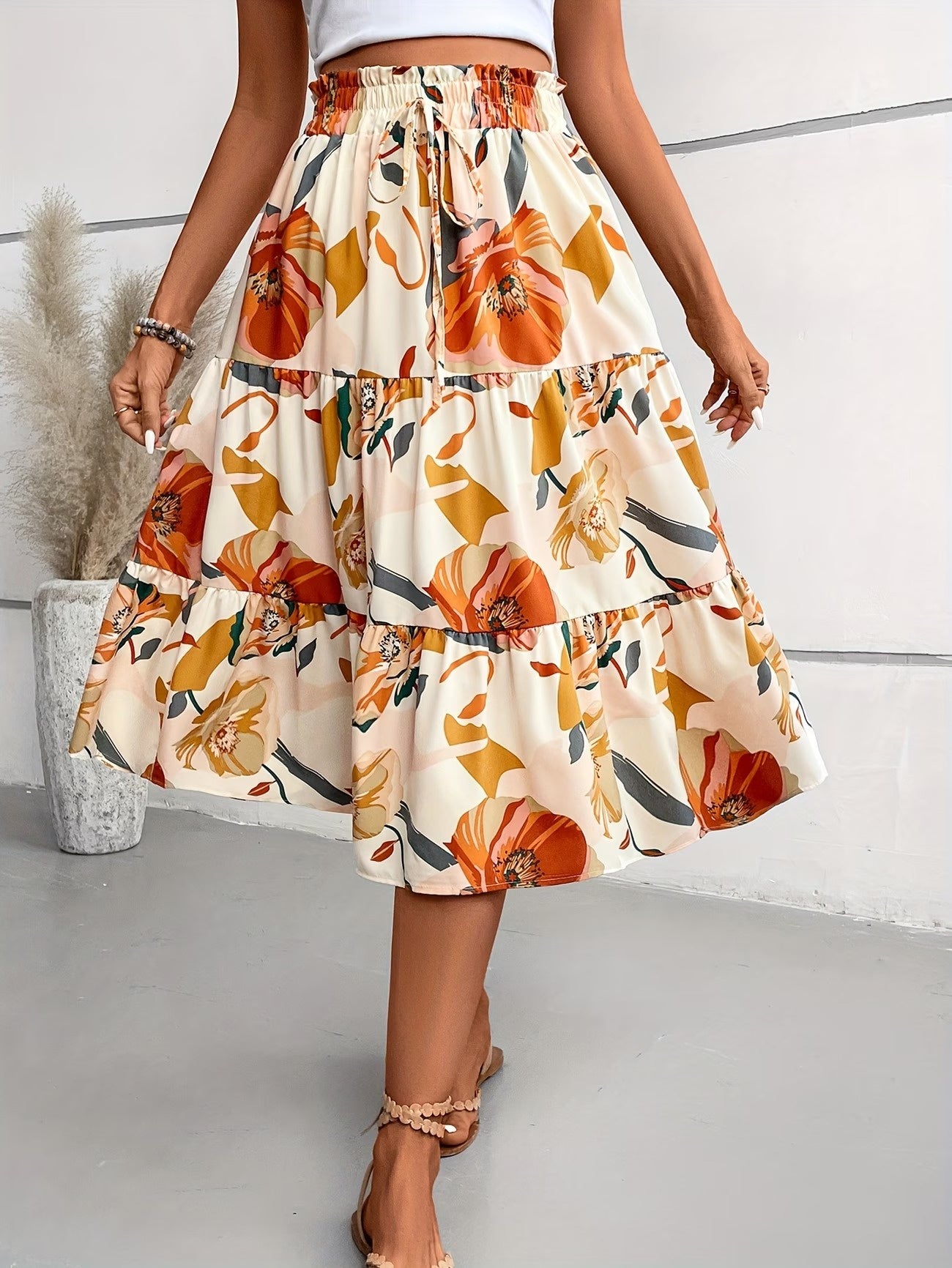 Women's Floral Tiered Midi Skirt