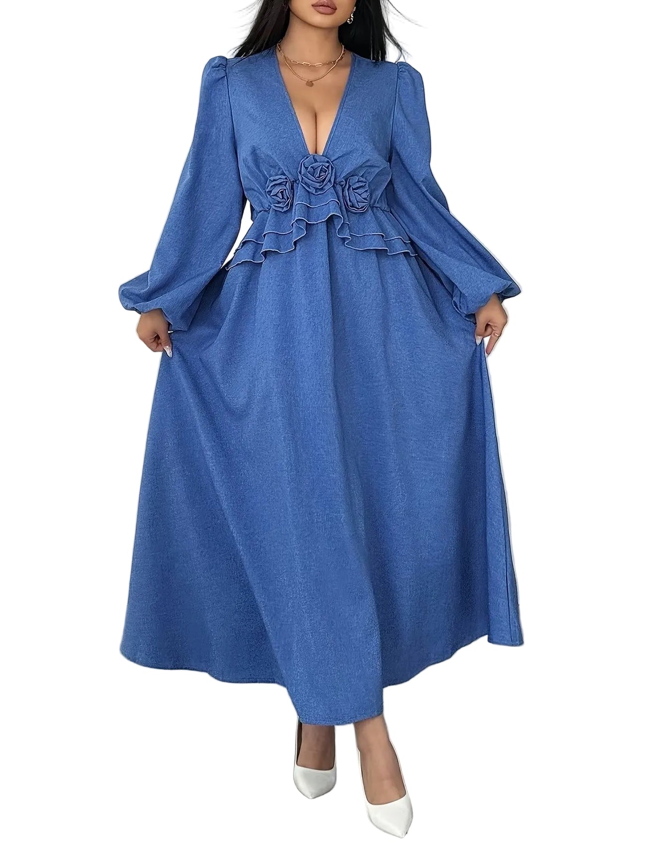 Women's Floral Waist Maxi Dress with Long Sleeves