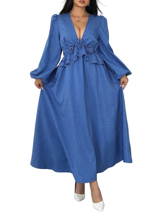 Women's Floral Waist Maxi Dress with Long Sleeves