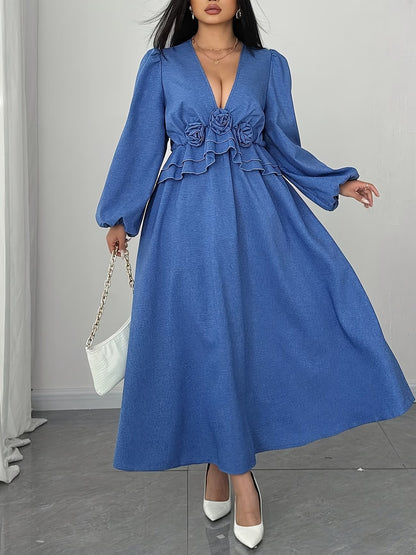 Women's Floral Waist Maxi Dress with Long Sleeves