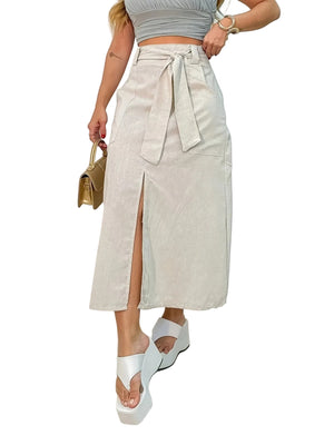 Women's High-Waisted Midi Skirt with Sash Tie