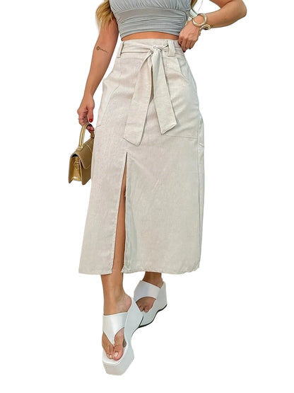 Women's High-Waisted Midi Skirt with Sash Tie
