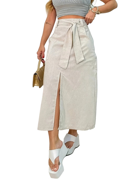 Women's High-Waisted Midi Skirt with Sash Tie